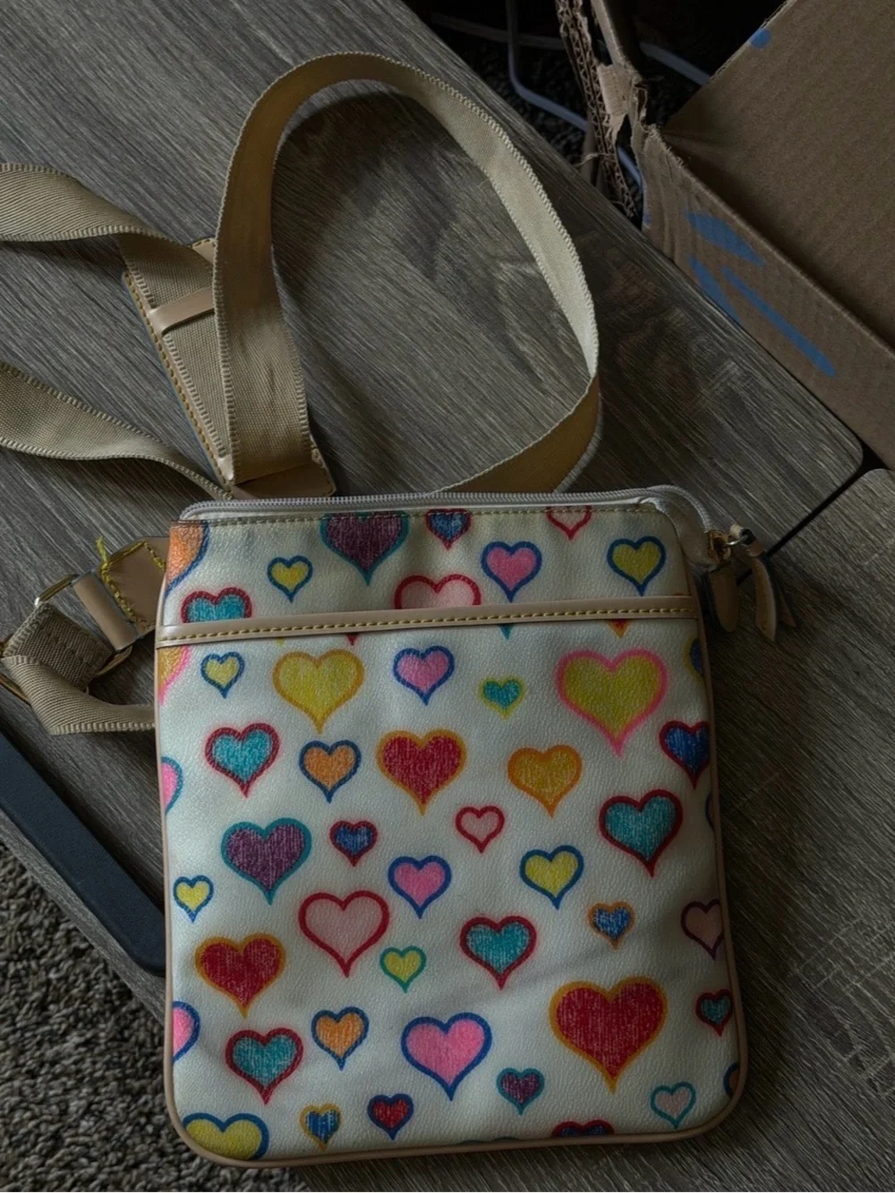Donney Women's Cream Crossbody Bag with Multicolor Heart Print
